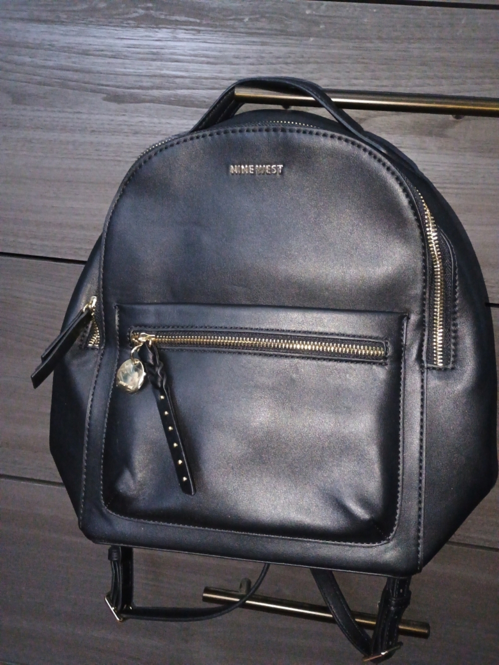 Nine West Black Mini Backpack with Gold-Tone Charm